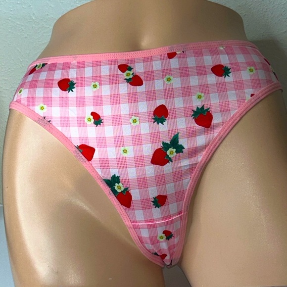 Strawberries Silky Satin‎ Stretchy Smooth High Waist Pink Sateen Thong Panty XXL - Picture 12 of 12